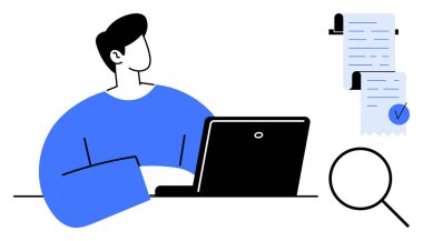 Dizüstü bilgisayar kullanan bir kişi masa başında oturup evrak işlerine odaklanır. Yakınlarda işaretli belgeler ve büyüteç var. Üretkenlik, uzak çalışma, araştırma, organizasyon ve dijital için ideal