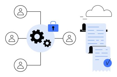 Diyagram, üzerinde asma kilit sembolü, bulut ve belgeler olan bir insan ve dişli ağı gösteriyor. Veri güvenliği, iş akışı yönetimi, takım işbirliği, bulut depolama için ideal