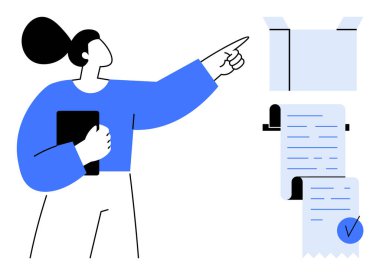 Kadın bir pano tutuyor ve işaretli bir belgeyi işaret ediyor. İş sunumları, idari görevler, hedef belirleme, üretkenlik uygulamaları ve iş akışı çizimleri için ideal. Modern minimal