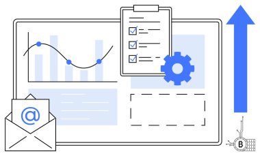 Grafikler, kontrol listeleri, e-posta, vites simgesi, ok, engelleme simgesi içeren iş veri analizi. Veri analizi, iş büyümesi e-posta yönetimi, engelleme teknolojisi, verimlilik için ideal. Temiz