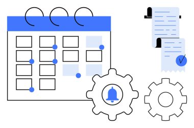 Solda işaretli tarihler, sağda görev listesi ve çan sembollü iki dişli simgesi olan takvim. İş akışı optimizasyonu, zamanlaması, görev yönetimi, hatırlatıcılar, üretkenlik, organizasyon için ideal