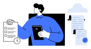 Elinde belgeler ve kontrol listesi olan bir tablet tutan kişi. Yakınlarda bir saat, üzerinde belgeler ve işaretler olan bir bulut var. Proje yönetimi, üretkenlik, organizasyon, zaman yönetimi için ideal