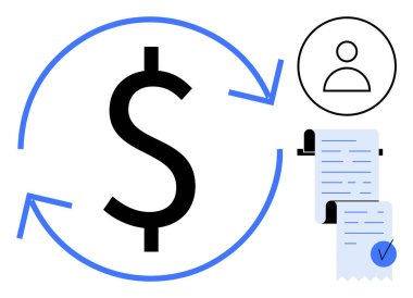 Etrafında dönen oklar olan büyük bir dolar işareti. Sağda, bir kişi simgesi ve yuvarlanan makbuzlar mali işlemleri gösteriyor. İş yönetimi, finans izleme ve finans hizmetleri için ideal