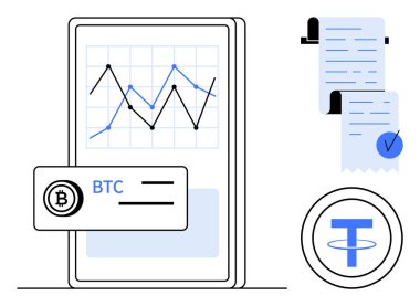 Şifreli para birimi şemasını Bitcoin sembolü BTC ve USD sembolü T işaretli olarak gösteren mobil cihaz. Şifreleme para ticareti için ideal dijital finans mobil uygulamaları engelleme zinciri teknolojisi