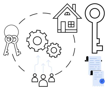 Anahtarların, evin, viteslerin ve belgelerin siyah beyaz vektörü. Gayrimenkul, emlak yönetimi, ev sahipliği, iş süreci ve yasal anlaşmalar için ideal. Basit ve modern stil