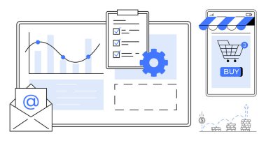 Çizelge ve teçhizatlı çizelge, panoda kontrol listesi, e-posta sembolü ve alışveriş arabalı akıllı telefon. İş yönetimi, e-ticaret, performans analizleri, çevrimiçi alışveriş, organizasyon için ideal