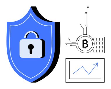 Kilitli bir kalkan, devre bağlantıları olan bir Bitcoin sembolü ve yukarı doğru eğilimli bir grafik. Siber güvenlik, dijital işlemler, engelleme teknolojisi, finansal büyüme, yatırım için ideal