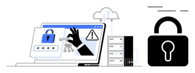 Güvenlik alarmı, anahtar, bulut, sunucular ve asma kilit veri korumasını gösteren bir laptop. Çevrimiçi güvenlik, siber güvenlik farkındalığı, veri koruması, ağ güvenliği, tehdit için ideal