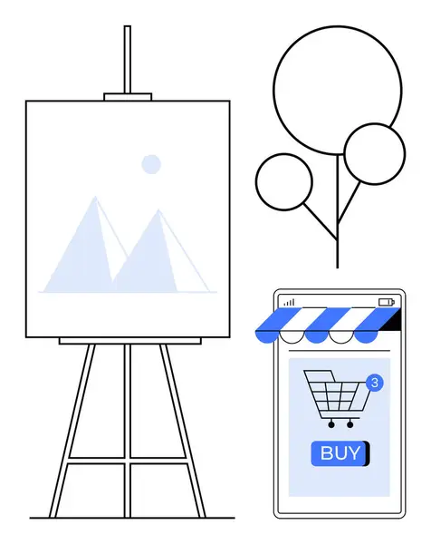 stock vector Canvas on an easel, simple geometric tree, and smartphone displaying a shopping cart with a Buy button. Ideal for technology innovation, design inspiration, online shopping, modern art, digital