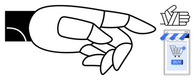 Ekranda elinde satın alma düğmesiyle alışveriş arabasına uzanan büyük bir el hareketi. Tıklama hareketi ile ek el simgesi. E-ticaret, teknoloji, dijital pazarlama, online alışveriş için ideal