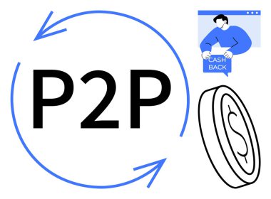 Nakit sembollü bir P2P simgesi, stilize edilmiş bir para ve finansal teknoloji, kripto para birimleri, dijital işlemler, birebir ödemeler ve engelleme zinciri için geri ödeme yapan bir kişi. Minimalist