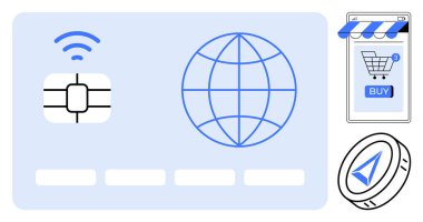 Kablosuz büyük çip kartı, dünya ikonu, mağaza uygulamalı akıllı telefon ve kripto para. Dijital işlemler için ideal, çevrimiçi alışveriş, e-ticaret, finans teknolojisi, dijital para birimi