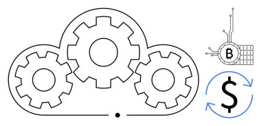 Bulutların içindeki çarklar bulut hesaplamasını temsil ediyor. Yuvarlak oklu bir dolar işareti mali değişimi gösteriyor. Bitcoin sembolleri engelleme zinciri ve kripto para birimini gösteriyor. Teknoloji ve finans için ideal