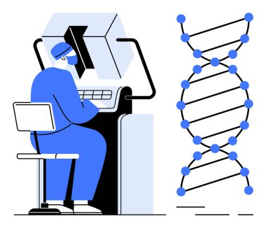 Modern bir bilgisayarın başında oturan bilim adamı, DNA çift sarmal yapısı ile temsil edilen genetik verileri analiz ediyor. Genetik, araştırma, teknoloji, veri analizi ve biyoteknoloji için ideal