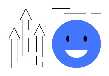 Mavi gülümseyen bir yüzün yanında yukarı doğru siyah oklar. Büyüme mutluluğu, olumlu başarı ve ilerleme temaları için idealdir. Basit ve minimalist stil net ve olumlu mesajları vurguluyor