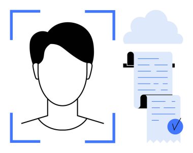 Bulut deposunun yanında mavi işaretleri ve kontrol listesi olan yüzü olmayan biri. Kimlik doğrulama, belge yönetimi, teknoloji, güvenlik ve internet hizmetleri için ideal. Basit, modern.