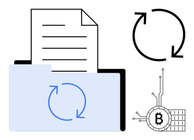 Bilgi alışverişini temsil eden iki geri dönüşüm oku, yineleme için siyah geri dönüşüm okları ve kripto para birimi için elektronik devrelerle bağlantılı bir Bitcoin sembolü içeren bir klasörde. İdeal
