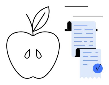 Bir elma taslağı ve iki mavi makbuz, birinde işaret var. Yemek, sağlıklı beslenme, market alışverişi, diyet planlaması ve belgelendirme temaları için idealdir. Minimalist vektör biçimi