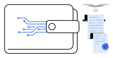 İçinde dijital devre ve insansız hava aracı teslimatı makbuzları olan cüzdan. Fintech, e-ticaret, kağıtsız makbuzlar, modern finans ve nakitsiz işlemler için ideal. Temiz minimalist stil