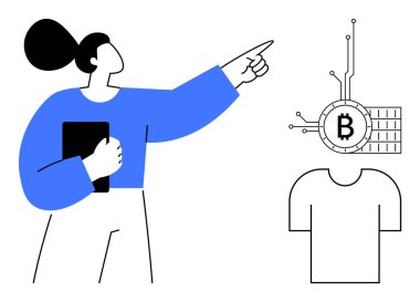 Yanında tişört grafiği olan Bitcoin sembolünü işaret ederken elinde tablet tutan bir kadın. Kripto para birimi, teknoloji, dijital para birimi, online alışveriş ve fintech temaları için ideal. Basit vektör
