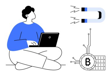 Mıknatıs ve Bitcoin sembolü kripto para kavramını vurgularken bir kişi dizüstü bilgisayarla bağdaş kurarak oturur. Teknoloji finansmanı için ideal kripto para birimi cazibesi çevrimiçi iş yeniliği