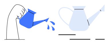 Bir el, üzerinde su damlacıkları olan mavi bir sulama kabını tutarken, sağda sabit bir sulama kabı bulunuyor. Bahçıvanlık, yetiştirme, büyüme, bakım ve doğa için idealdir. Modern basit daire