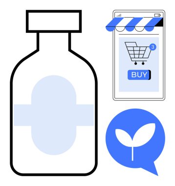 Bir alışveriş arabası simgesiyle çevrimiçi bir mağazayı gösteren mobil bir cihazın yanında. Çevrimiçi alışveriş, ecommerce, dijital pazar, sağlık ürünleri, yeşil ürünler için ideal. Modern basit biçim