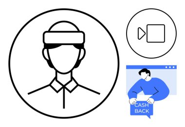 Müşteri hizmetleri temsilcisi, video çağrı ikonu ve elinde nakit para levhası olan bir adam. Müşteri desteği, çevrimiçi hizmetler, nakit terfiler, teknik destek ve yardım için ideal