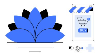 Akıllı telefon ekranının yanındaki mavi ve siyah nilüfer çiçeği ikonu satın alma düğmesiyle alışveriş arabası arayüzü gösteriyor. Çevrimiçi alışveriş, e-ticaret, dijital ödemeler, teknoloji, vektör için ideal