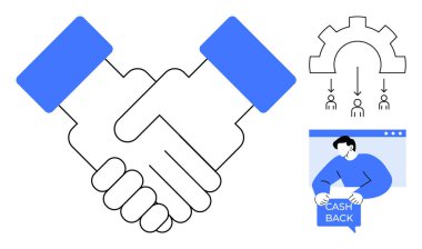 Ortaklığı temsil eden iki el titriyor, üzerinde iş akışını gösteren oklar olan bir vites sembolü ve nakit para levhası tutan bir kişi. İş için ideal, takım çalışması, mali teşvikler, süreç