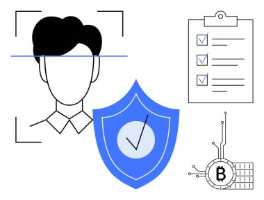 Yüz tanıma, kontrol listesi, işaretli mavi kalkan ve Bitcoin engelleme sembolü. Veri koruması, kimlik doğrulama, gizlilik, siber güvenlik ve engelleme teknolojisi için ideal. Basit.