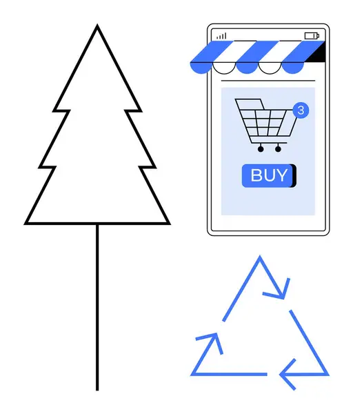 stock vector Tree outline, an online shopping interface with shopping cart and buy button, and a recycling symbol. Ideal for eCommerce, sustainability, digital shopping, environmental awareness, eco-friendly