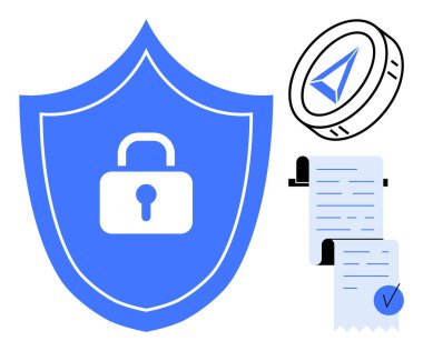 Asma kilit sembollü mavi kalkan, yön bulma oklu kripto para ve işaretli bir belge. Siber güvenlik için ideal, dijital para birimi, güvenli işlemler, çevrimiçi mahremiyet, finansal