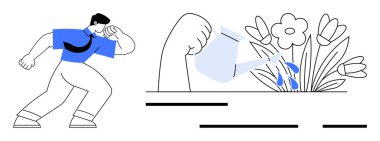 Mavi gömlekli bir adam çiçekleri sulayan bir el gibi gözlemler. Ticari büyüme, araştırma, kişisel gelişim, besleyici fikirler, motivasyon için idealdir. Temiz vektör biçimi ağırlıklı olarak mavi, siyah ve beyaz