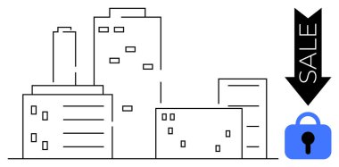 Basit bir sanat eseri, çeşitli gökdelenleri ve binaları olan bir şehir manzarasını tasvir eder. Satış ve mavi kilit simgesi içeren bir ok gayrimenkul, kentsel yaşam, güvenlik ve yatırım temaları öneriyor