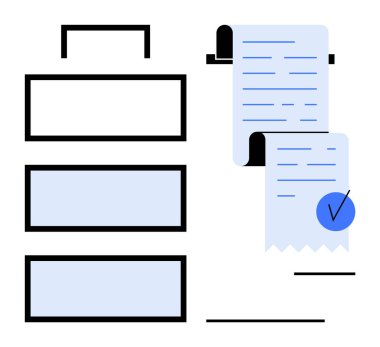 İçinde üç çekmece ve mavi pano işaretli iki doküman bulunan basit ve modern bir tasarım. Ofis işleri, belge yönetimi, organizasyon, görev temaları için ideal