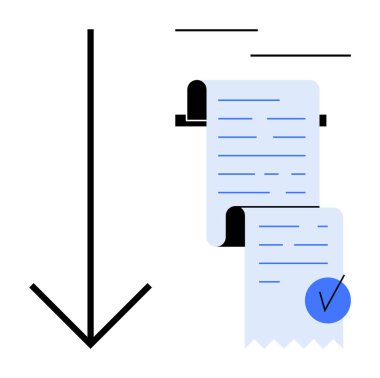 İşaretli mavi bir makbuz ve tamamlanma ya da onaylanmayı gösteren aşağı doğru büyük bir ok. Mali işlemler, kayıt tutma, ödeme onayı, muhasebe ve muhasebe için ideal