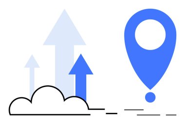 Mavi lokasyon iğnesi ve yukarı doğru çıkan oklar ilerleyen ve ilerleyen büyümeyi gösteriyor. Ticari pazarlama seyahat teknolojisi ve girişimler için idealdir. Basit ve modern stil