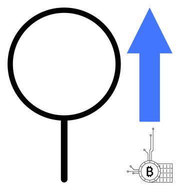 Büyüteç, yukarı doğru mavi ok ve Bitcoin sembolü. Kripto para birimi, büyüme, analiz, yatırım, finansal trendler için idealdir. Dijital para biriminde arama ve artan değeri vurgular
