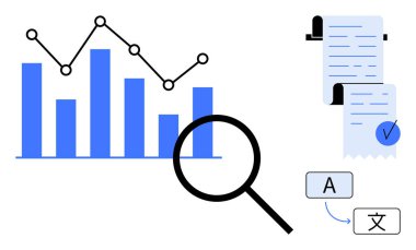 Çubuk grafikli veri analiz elemanları, bir çizgi çizelgesi, bir belgenin üzerinde büyüteç ve çeviri sembolleri. Veri analizi, iş raporları, mali analizler, dil için ideal
