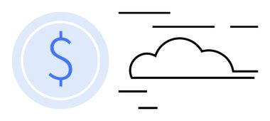 Mavi dolar işareti sol çemberde ve sağda çizgileri olan siyah bulut simgesi. Finans, bulut hesaplama, fintech, veri depolama, teknoloji hizmetleri için ideal. Basit modern tasarım, asgari biçim