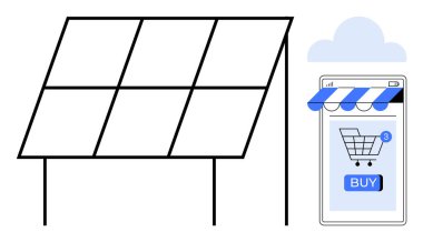 Güneş panelleri, bir alışveriş arabası simgesi ve çevrimiçi alımı gösteren bir satın alma düğmesi olan akıllı telefon ekranının yanında sergileniyor. Sürdürülebilir enerji, çevrimiçi alışveriş ve yenilenebilir kaynaklar için ideal