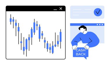 Mavi ve karaborsa çizelgesi yanında elinde nakit para levhası tutan bir kişi. Hisse senedi ticareti, mali yönetim, yatırım, ekonomik trendler ve geri ödeme ödülleri için ideal. Modern daire