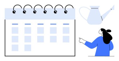 Boş kareli büyük bir takvim ve onu gösteren bir kadın. Kadının üzerinde bir sulama kabı yüzüyor. Üretkenlik, planlama, planlama, organizasyon, büyüme için idealdir. Minimalist, vektör