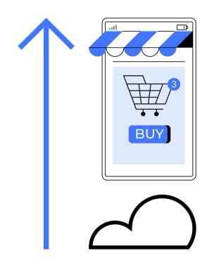 Mobil cihaz bir alışveriş arabası ve üzerinde vitrin tepe örtüsü olan bir satın alma düğmesi gösteriyor. Büyük mavi bir ok ve bir bulut çizgisi. E-ticaret, online alışveriş, bulut hesaplama, mobil uygulamalar için ideal