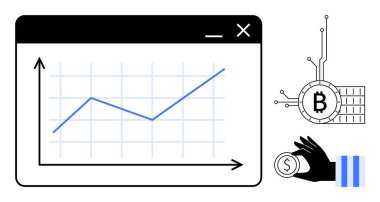 Yukarı doğru eğilimli bir grafik, Bitcoin sembolü, bozuk para tutan bir el. Finans, kripto para birimi, borsa, büyüme analizi, ekonomik trendler için idealdir. Temiz ve modern stil