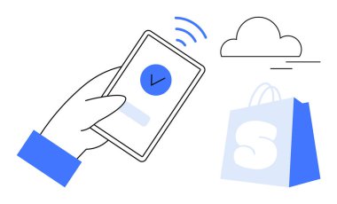 Üzerinde işaret işareti olan akıllı telefonu tutan bir el arka planda bir bulut simgesi ve bir alışveriş çantası. Çevrimiçi alışveriş, dijital işlemler, bulut depolama, e-ticaret temaları için ideal
