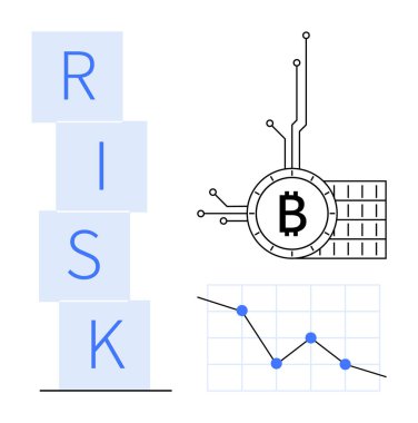 Yığınlanmış bloklar RISK 'i dijital devreli Bitcoin sembolünün yanında ve mavi noktalı aşağı doğru pazar grafiği ile yazıyorlar. Mali risk, kripto para birimi, yatırımlar, engelleme zinciri, dijital için ideal