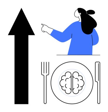 Kadın çatal ve bıçakla beynin yanındaki yukarı doğru büyük oku işaret ediyor. Sağlık eğitimi motivasyonu için ideal zihinsel sağlık kişisel gelişim beyin gıdası ve başarı