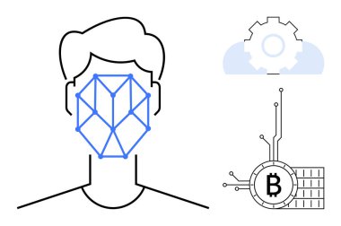 Geometrik desenli, çarkıfelekli ve Bitcoin sembollü bir insan yüzü. Teknoloji, biyometri, kripto para birimi, engelleme zinciri ve yapay zeka için ideal. Asgari çizgi